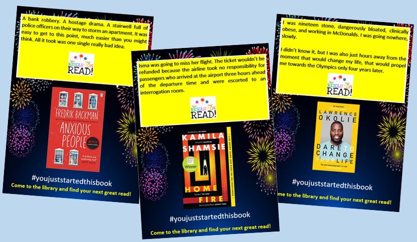 3 posters showing a book cover, the first few lines of the book, and the hashtag #youjuststartedthisbook.