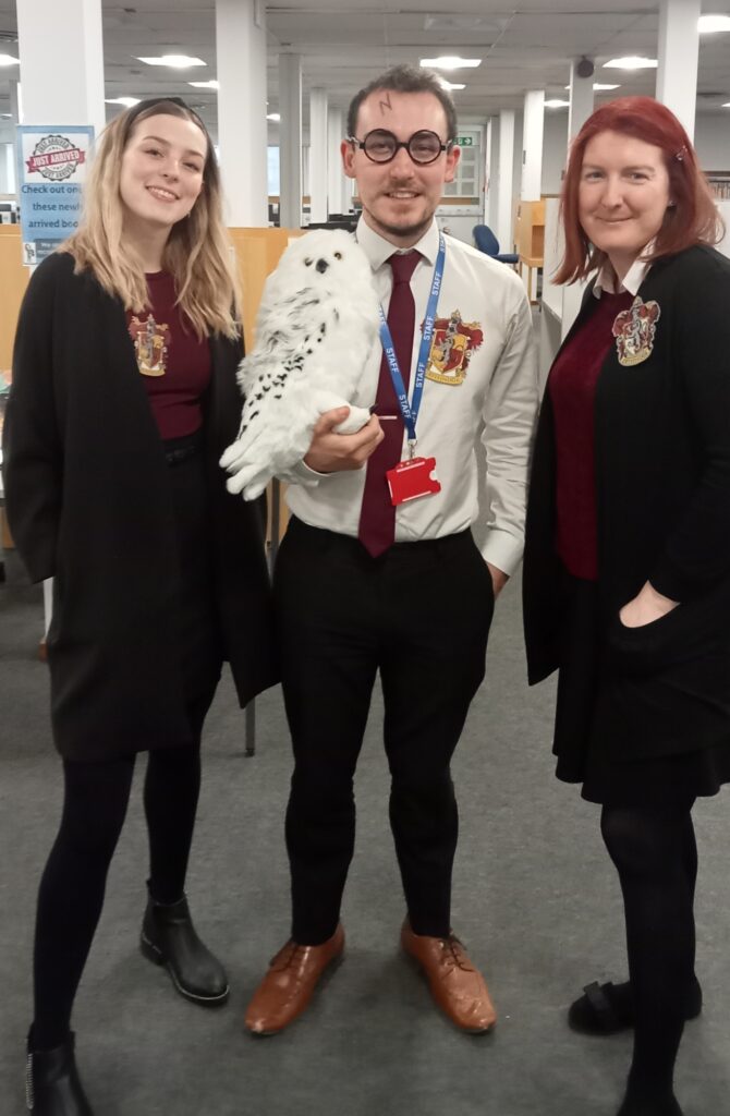 Miss Hill, Mr Righton and Miss Thompson dressed up as Harry Potter characters