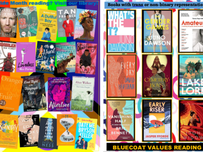 Posters showing Pride and trans/non-binary books