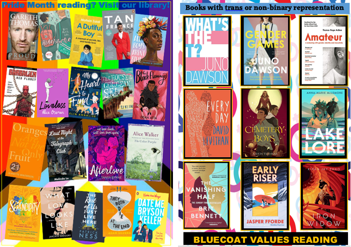 Posters showing Pride and trans/non-binary books