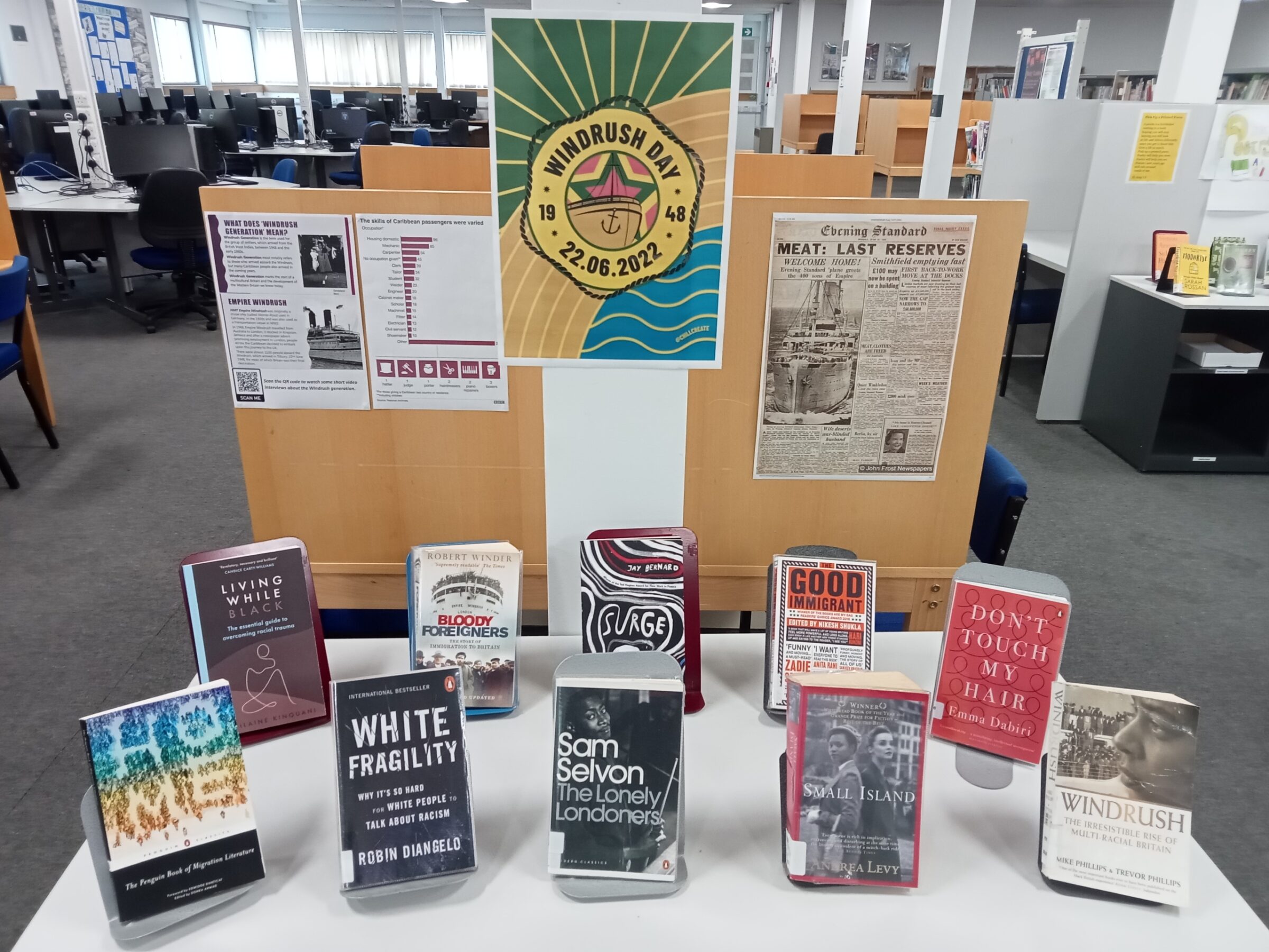 Display of books about Windrush/race relations