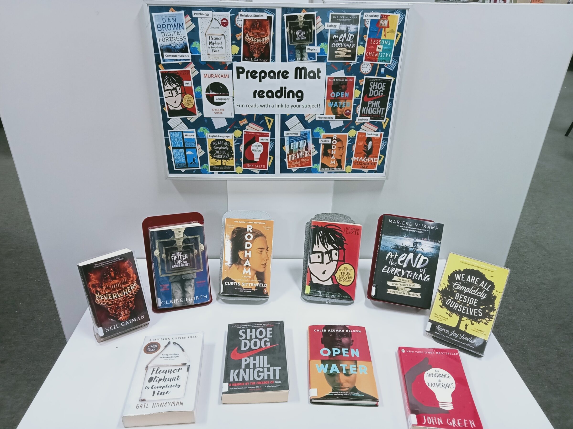 Prepare Mat Lent Term Display of books linked to various subjects.